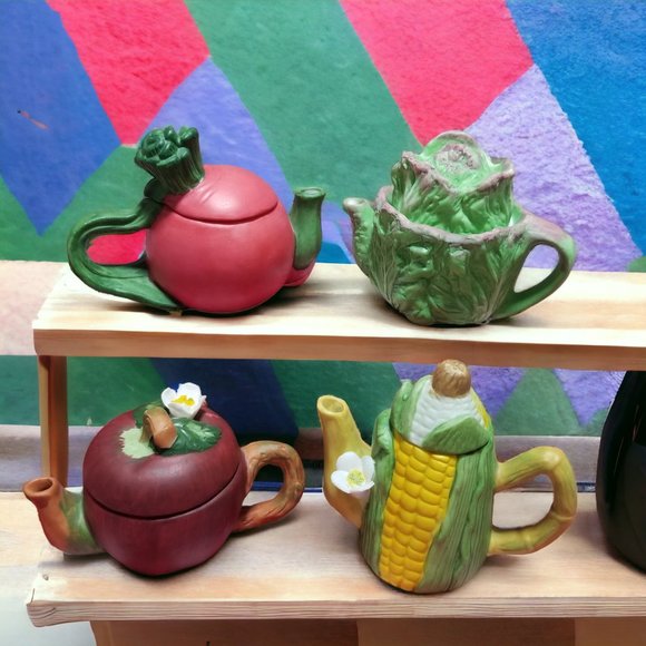 Miniature Ceramic Tea Pots Fruit/Vegetable & Flower With Removable Lid 4pcs Set - Picture 10 of 16